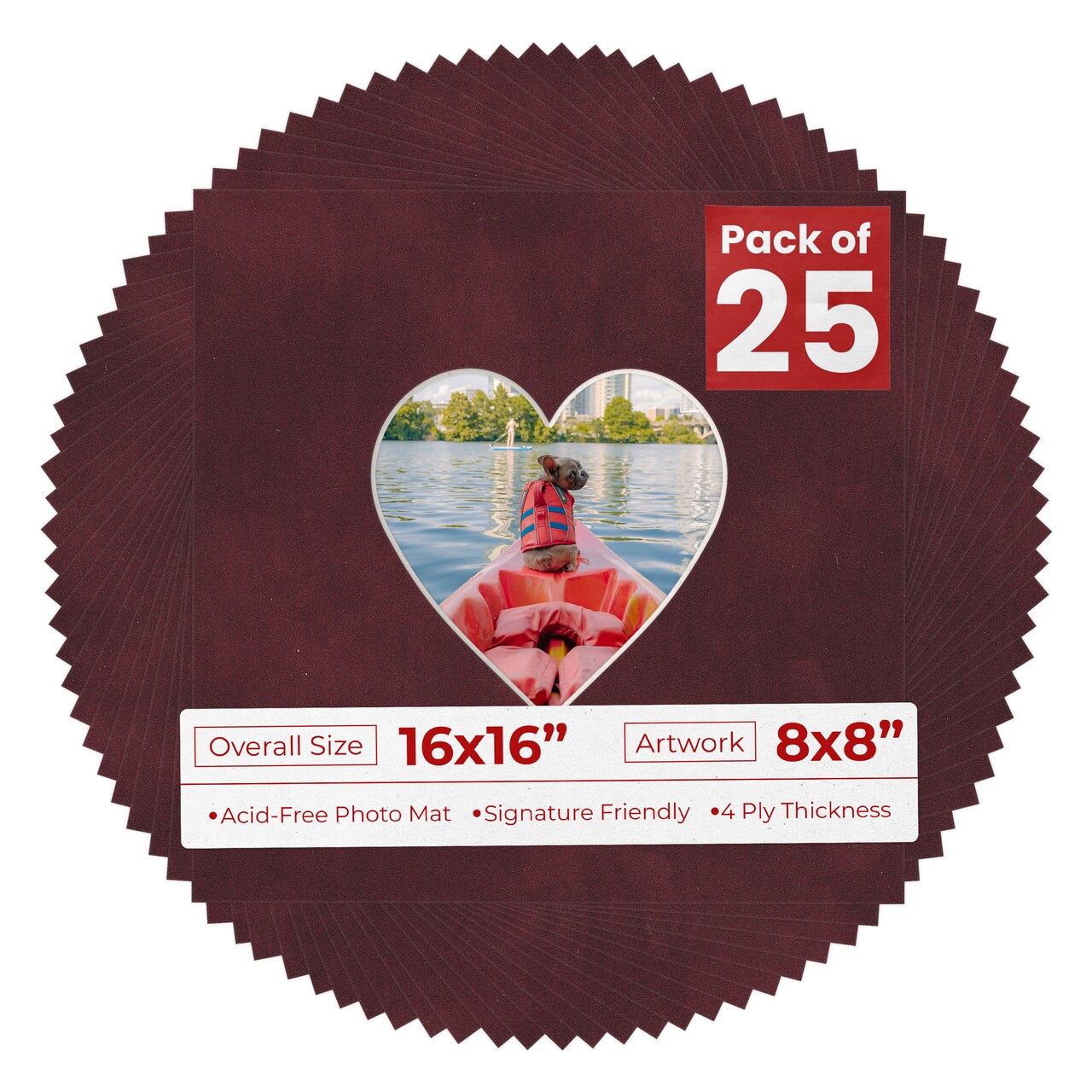 Dark Red Suede Mat Board for 16x16 Frames - Heart Opening for 8x8 Photos